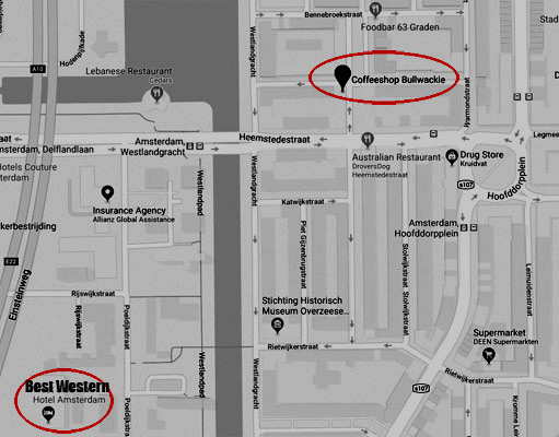Map of cannabis coffeeshop Bullwackie in Amsterdam